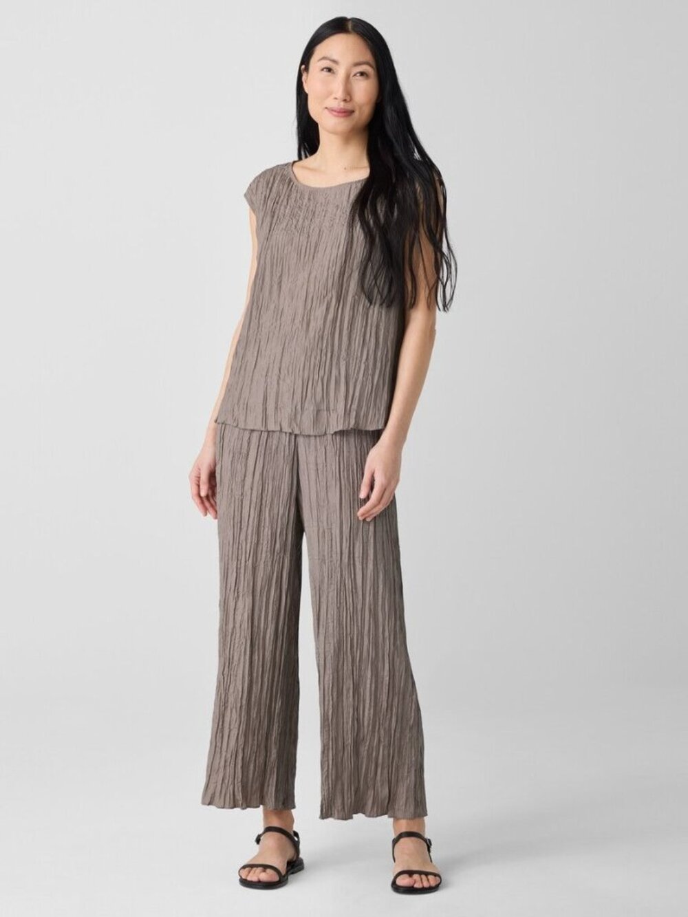 Eileen Fisher Womens Sleeveless Wide Leg Crushed-Silk Pant Top Set Size S Taupe